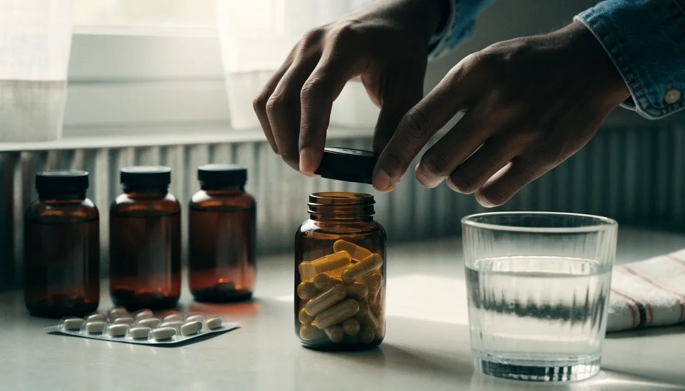 Unbranded supplement bottles and a blister pack lined up on a kitchen table beside a glass of water