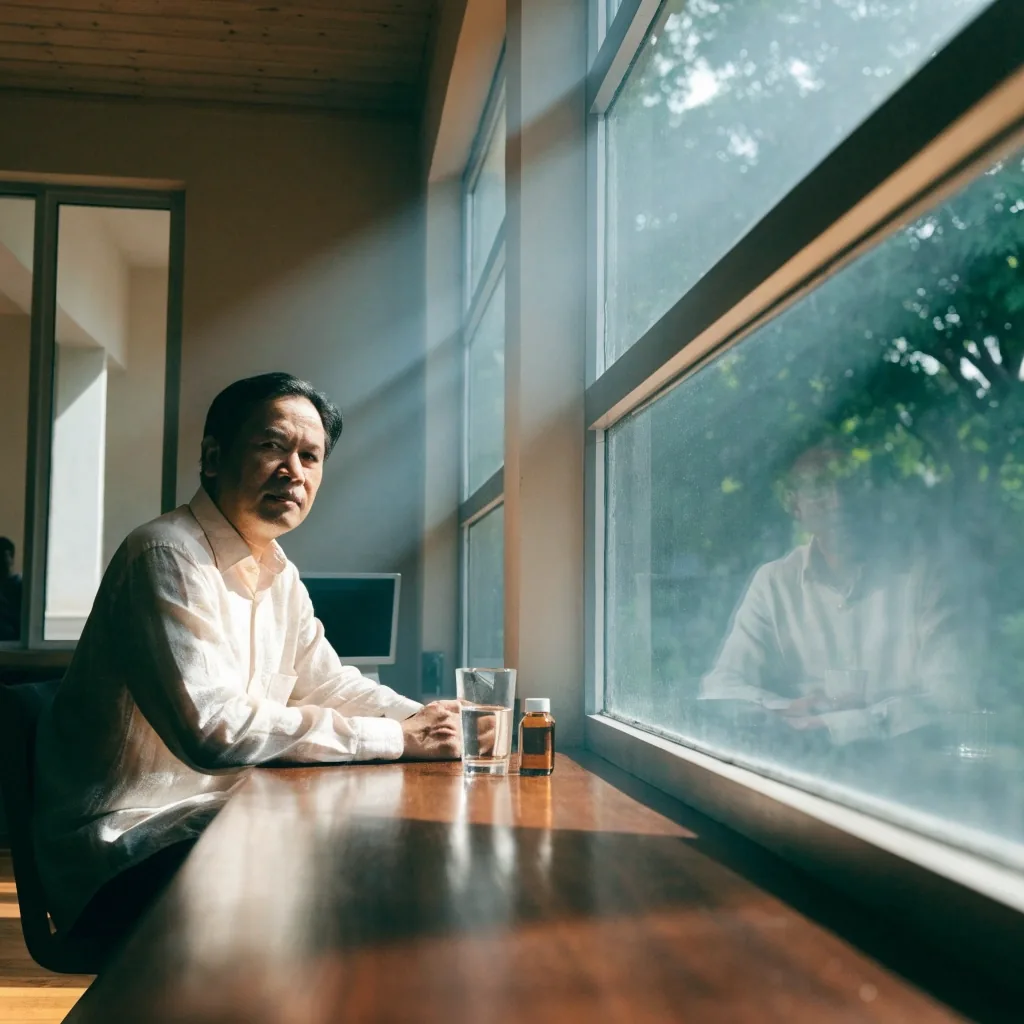 A quiet editorial office workspace in Semarang with a long desk and daylight through tall windows