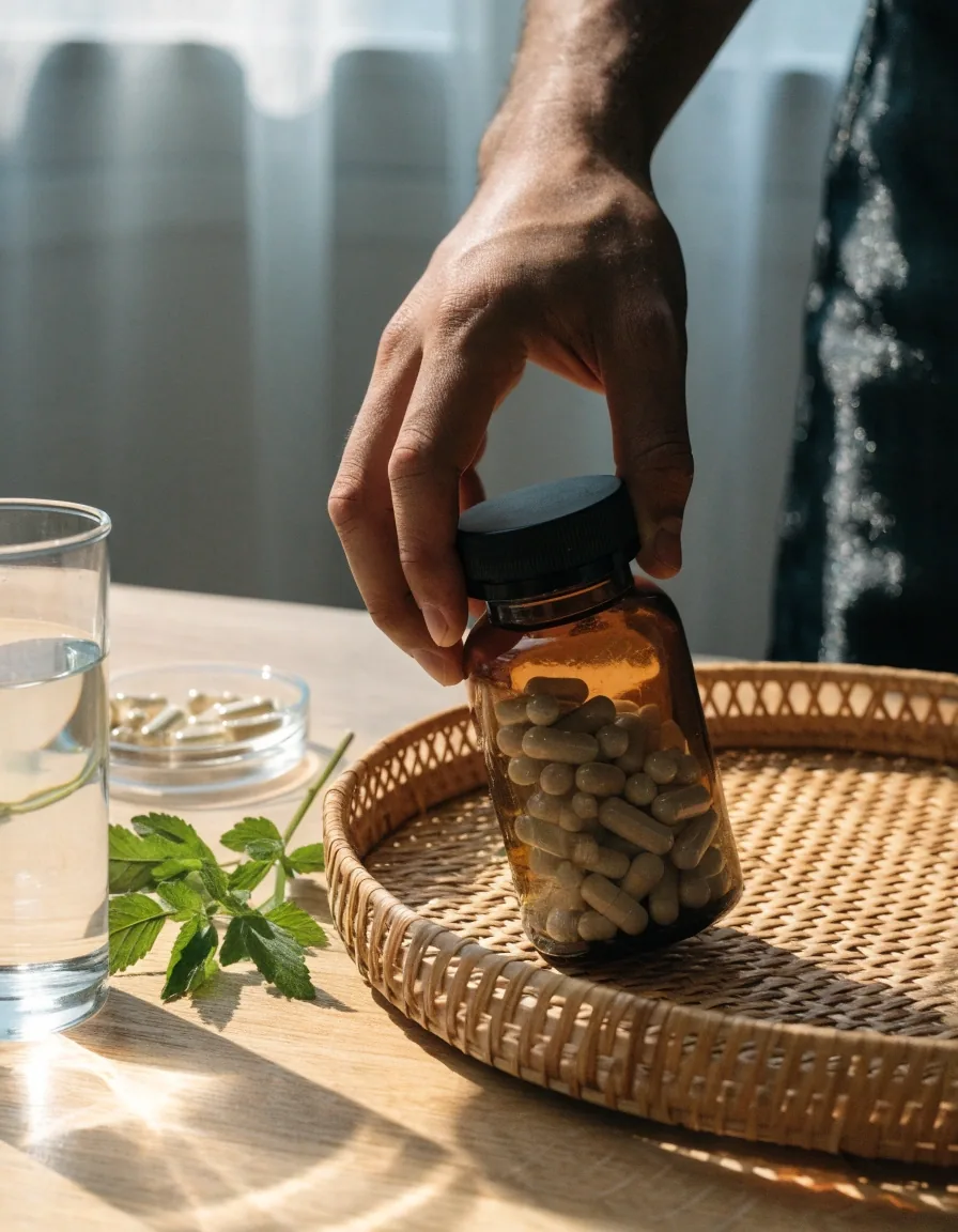 Open vegetarian capsule bottle tipped onto a stone counter beside a dish of plain capsules and a fresh herb sprig