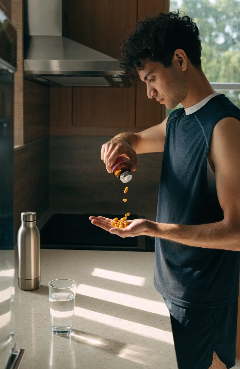 A supplement container on a kitchen table beside a glass of water in morning light