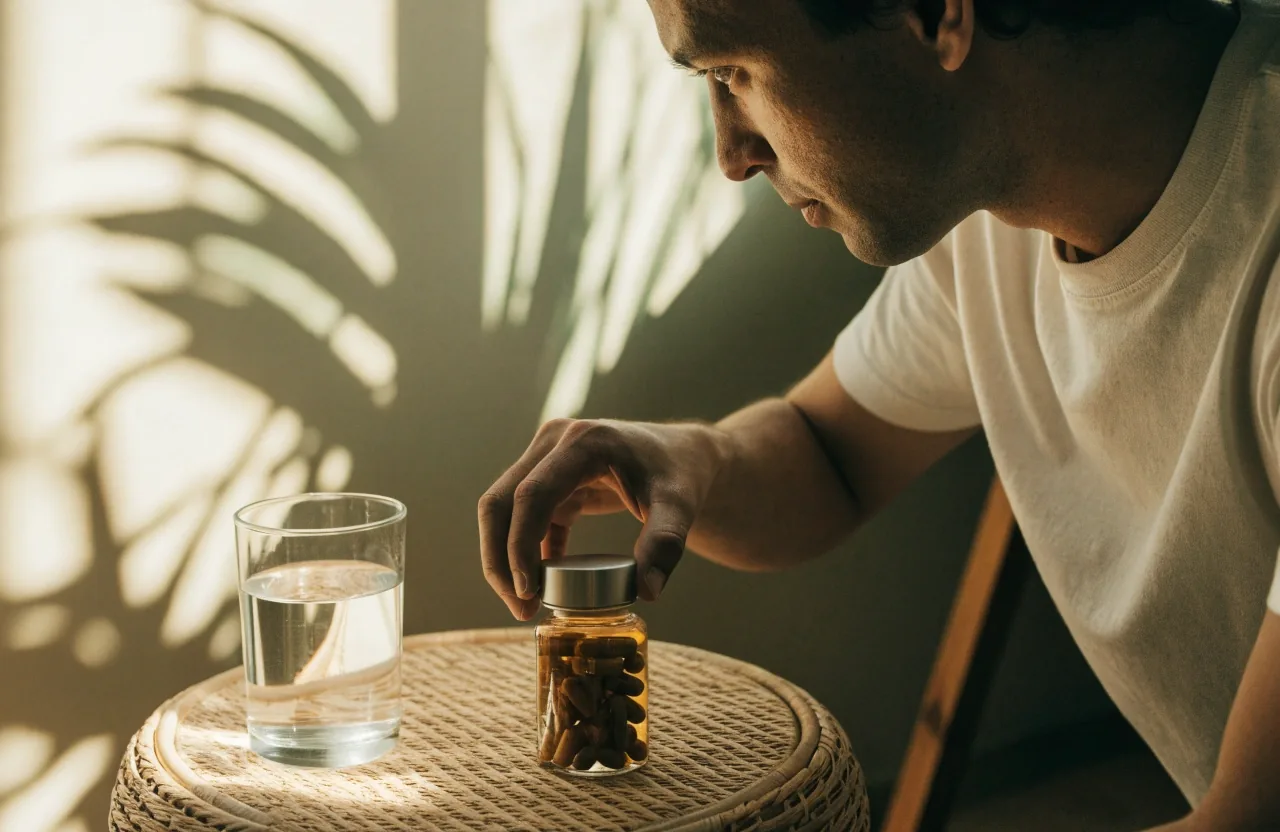Hands closing a supplement container on a shelf at home