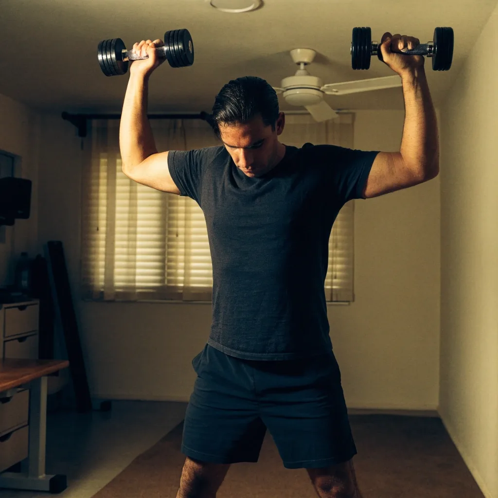 A man performing a resistance exercise at home with a dumbbell in a modest home gym