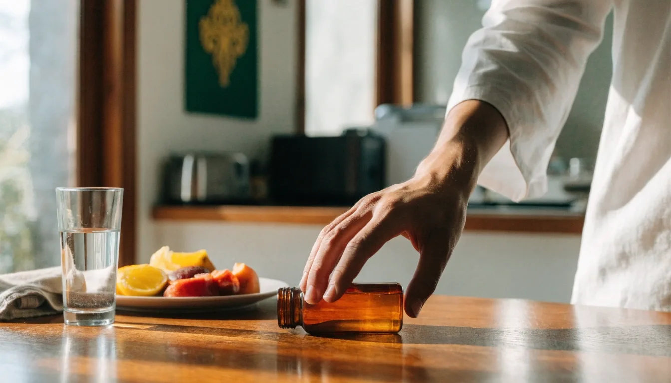 A small supplement bottle on a kitchen counter beside breakfast and a glass of water in morning light