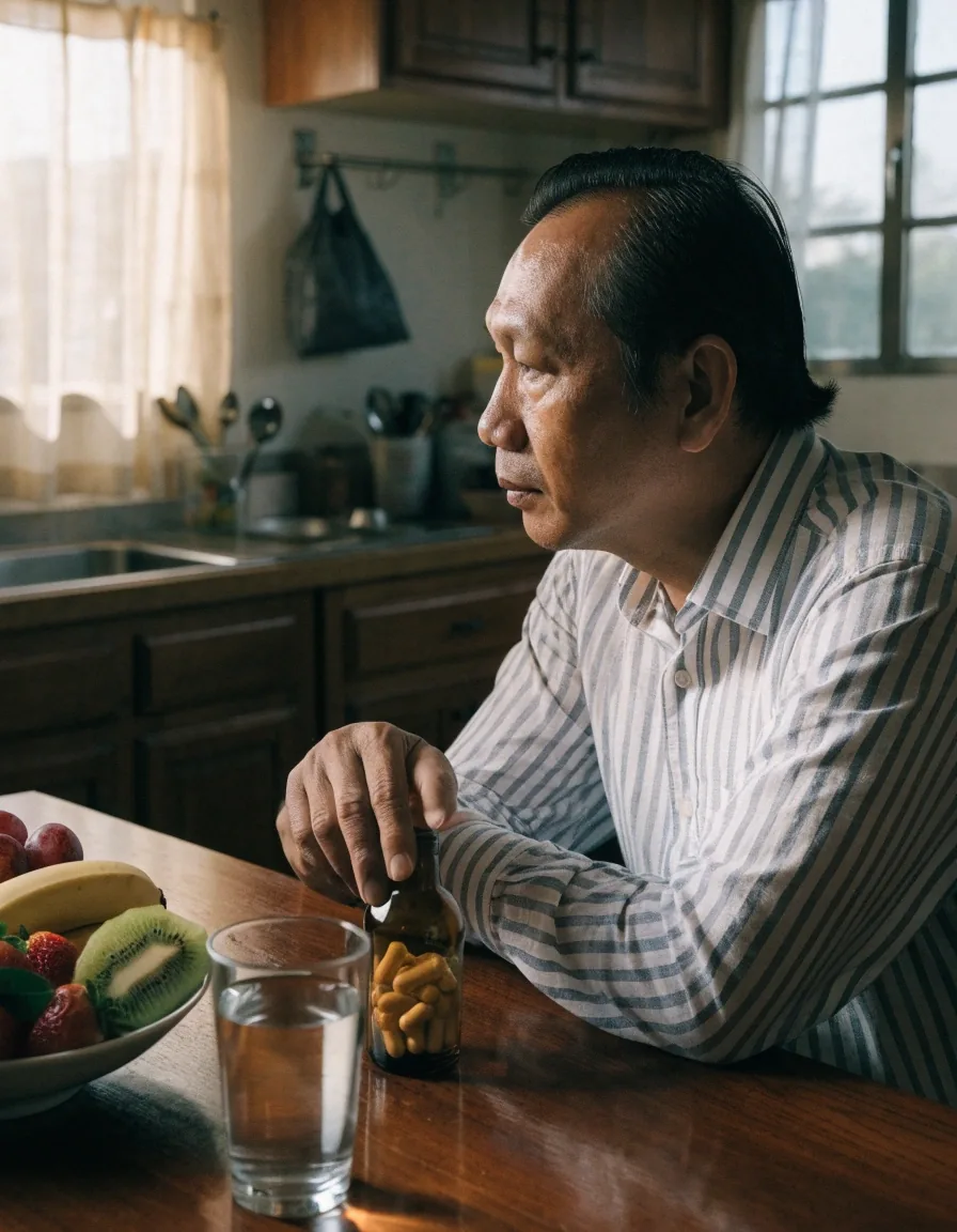 A man in his forties reading the back of a supplement container in a health food store aisle