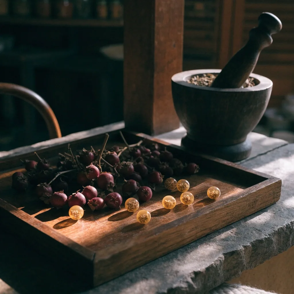 Dried botanical capsules in a small wooden dish on a dark slate surface under raking daylight