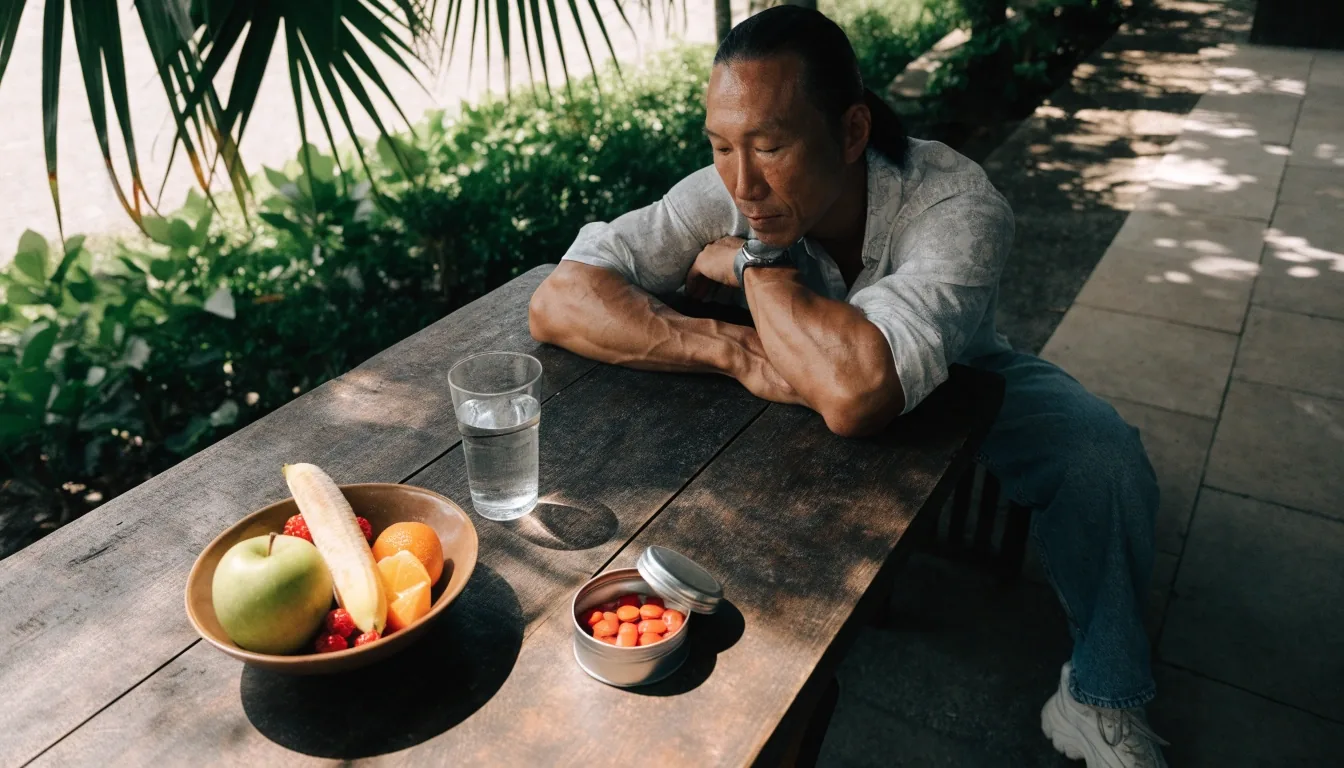 Man at a sunlit kitchen counter with a glass of water, a small tray of capsules and a bowl of oats before his morning routine