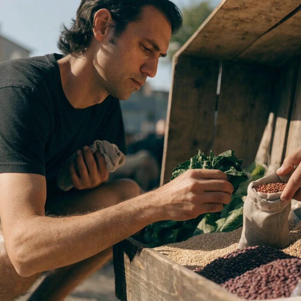 Man selecting dark leafy greens and lentils at a produce market stall with whole grains and beans around him