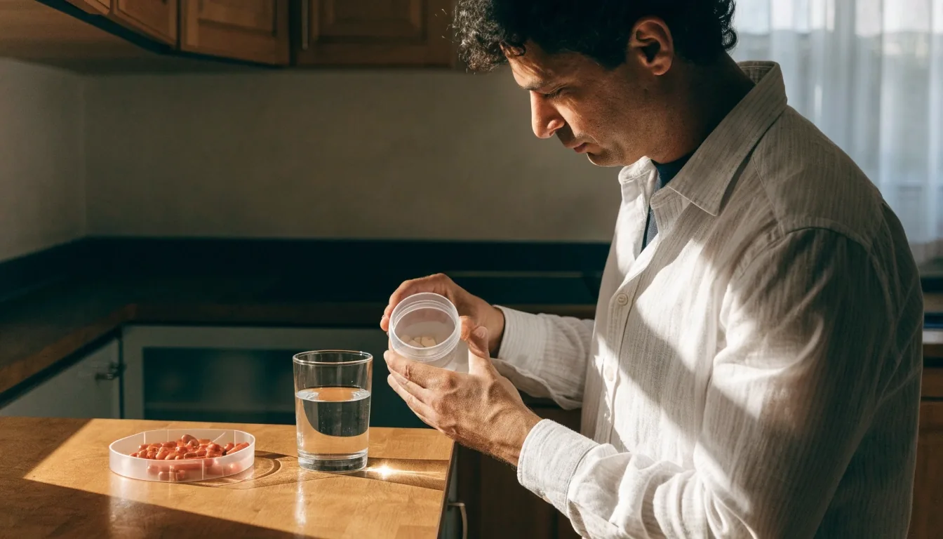 A man preparing his morning supplement routine at a sunlit kitchen counter