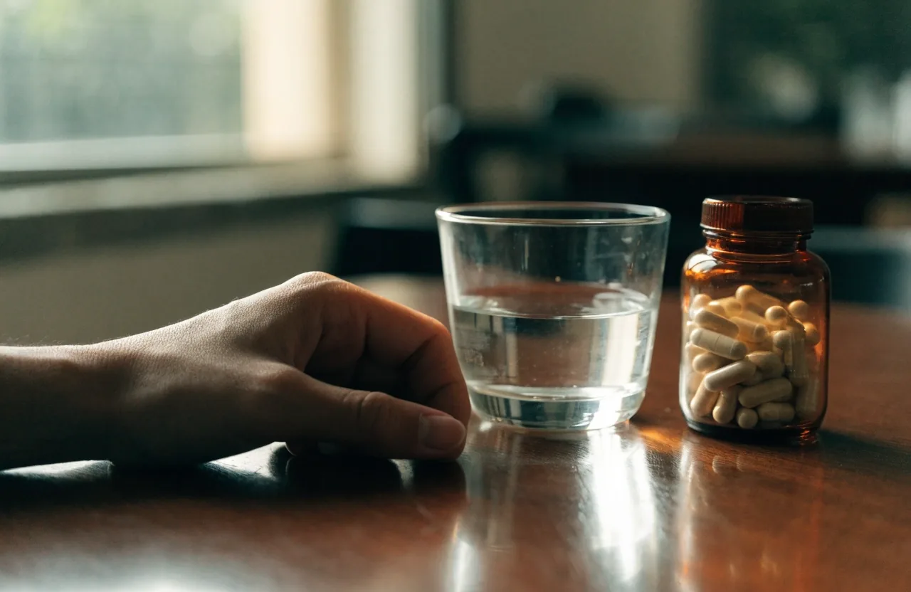 A reader browsing supplement guides on a laptop with the screen turned away, beside a glass of water