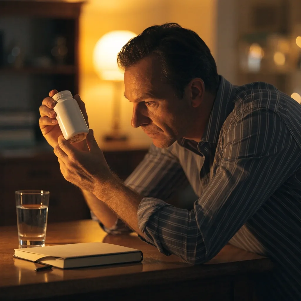 A man inspecting an unbranded supplement bottle at a kitchen counter in warm evening light
