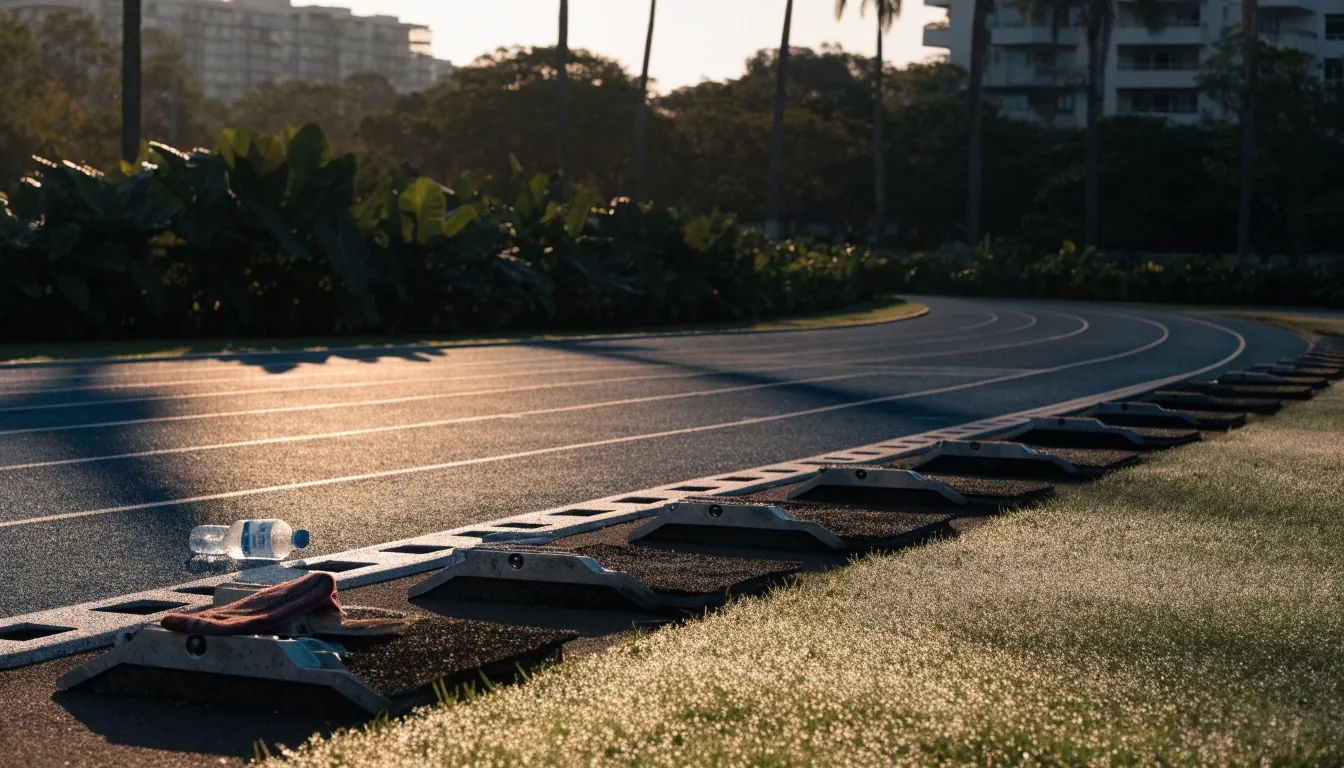 An empty bench with a water bottle on a misty tropical park path in early morning light