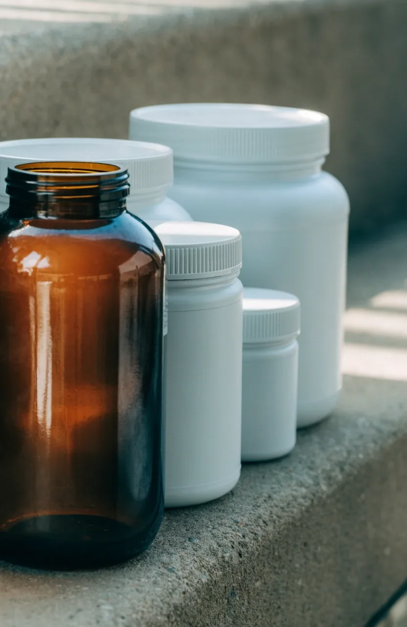 Unbranded supplement containers of different sizes lined up on a concrete shelf in soft daylight